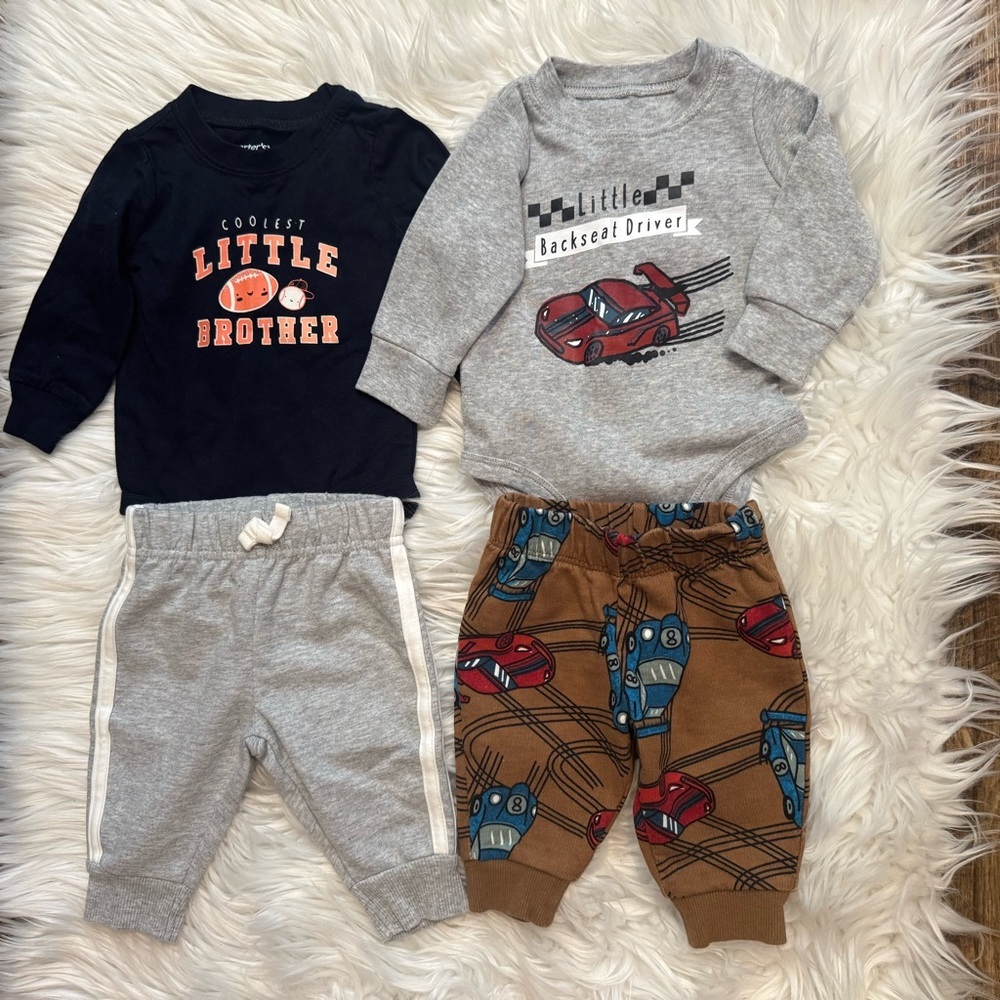 Carter’s Baby Boy 3M Lot of 2 Outfits Bodysuits &‎ Joggers Little Brother Cars